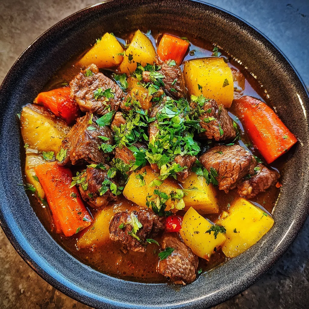 A bowl of beef stew with carrots and potatoes.