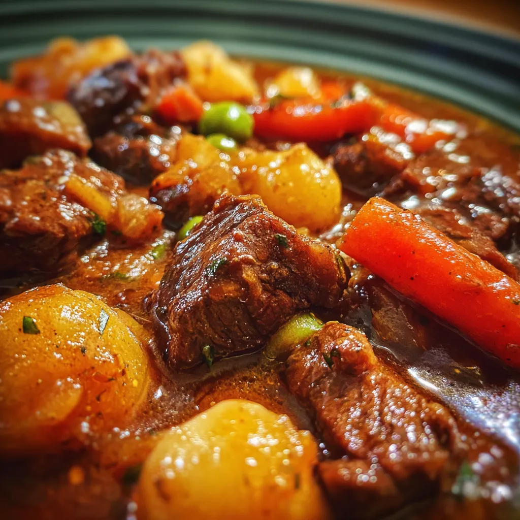 A close up of a beef stew with carrots and potatoes.