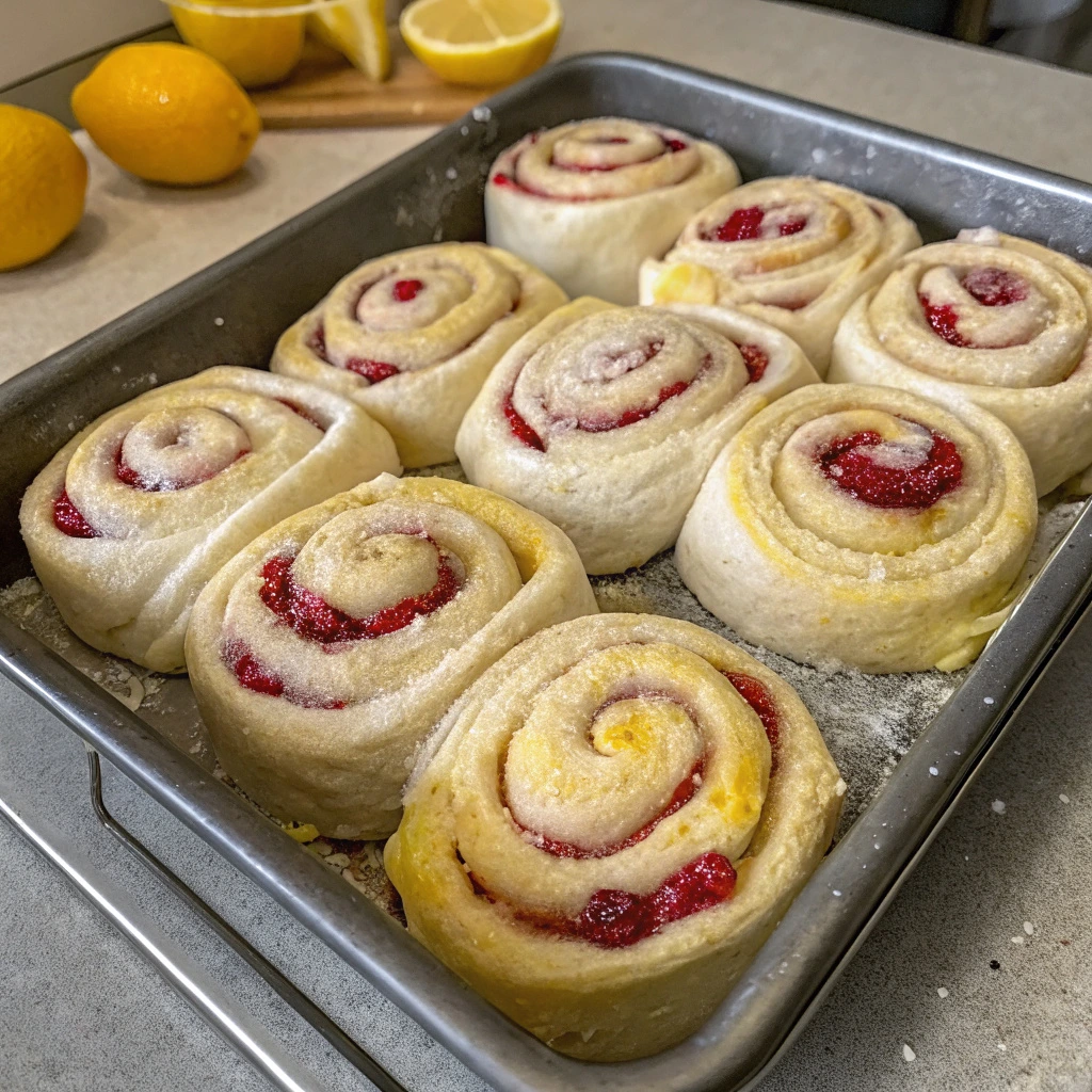 A pan of sourdough rolls with raspberry and lemon filling.