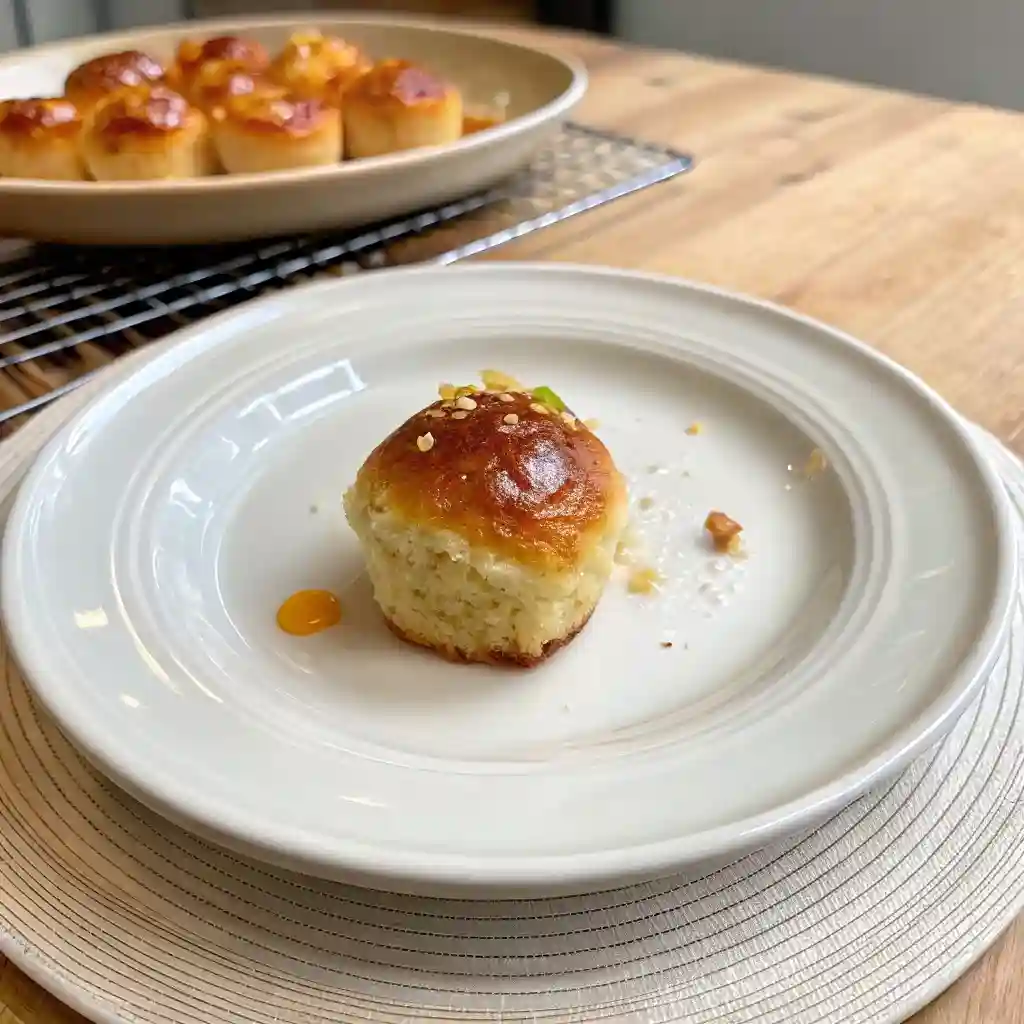 A small piece of baked crème brûlée donut on a plate.