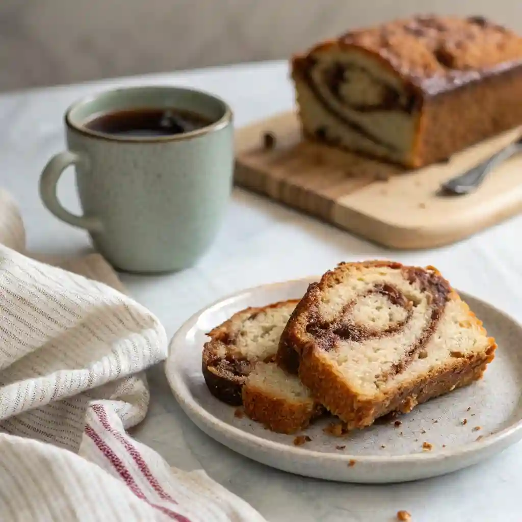 A slice of cinnamon swirl quick bread on a plate.