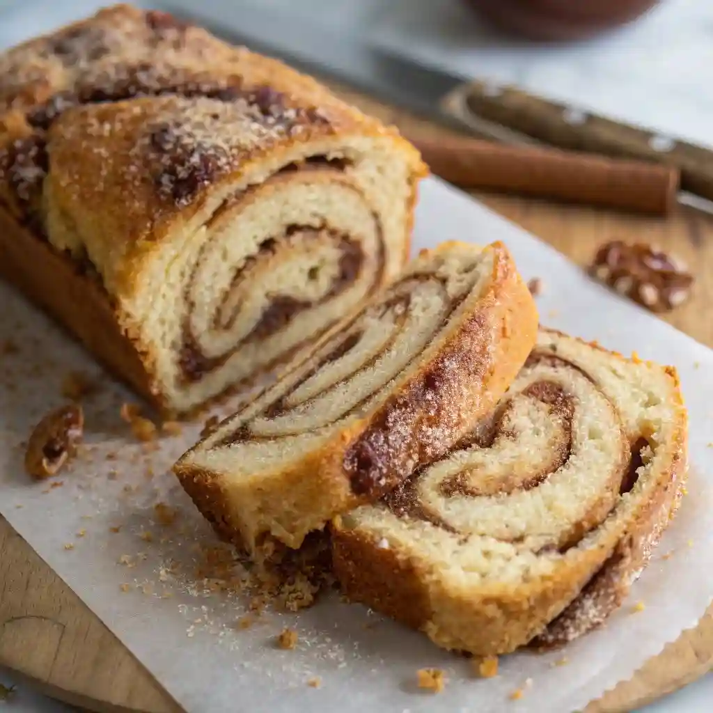 A slice of cinnamon swirl quick bread.