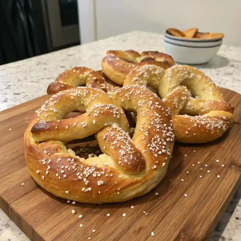 Homemade soft pretzels on a wooden cutting board.
