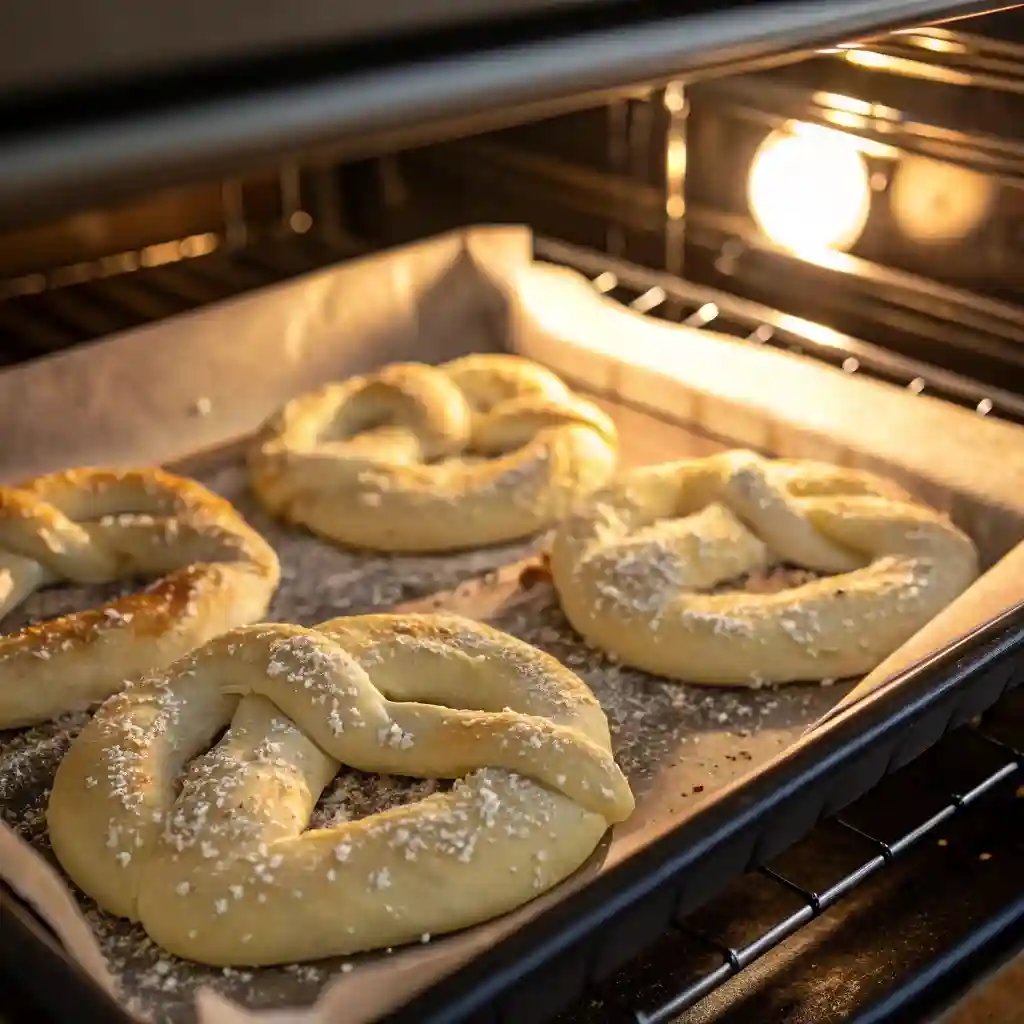 Homemade soft pretzels in a baking pan.