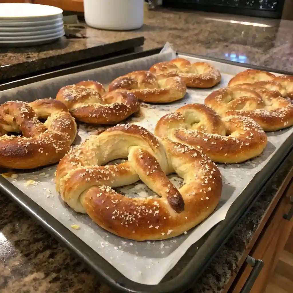 A pan of homemade soft pretzels.