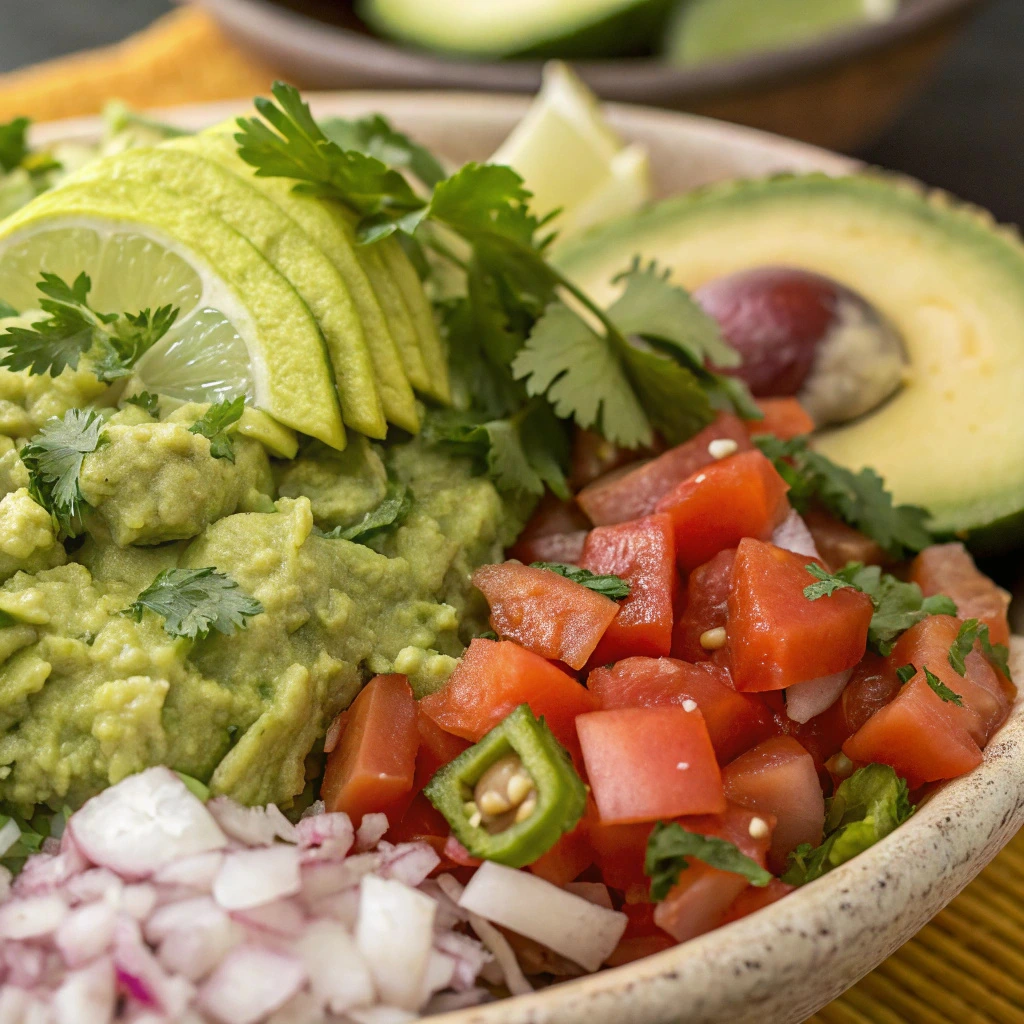 A bowl of guacamole with tomatoes, onions and limes.