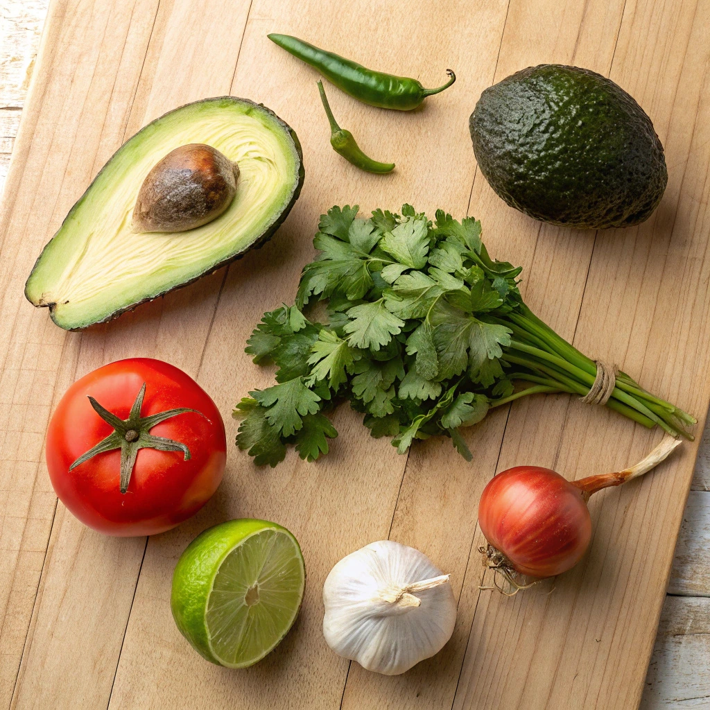 A variety of vegetables and fruits are displayed on a cutting board, including tomatoes, limes, avocados, and peppers.