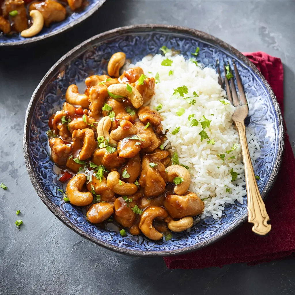 A bowl of slow cooker cashew chicken with rice.