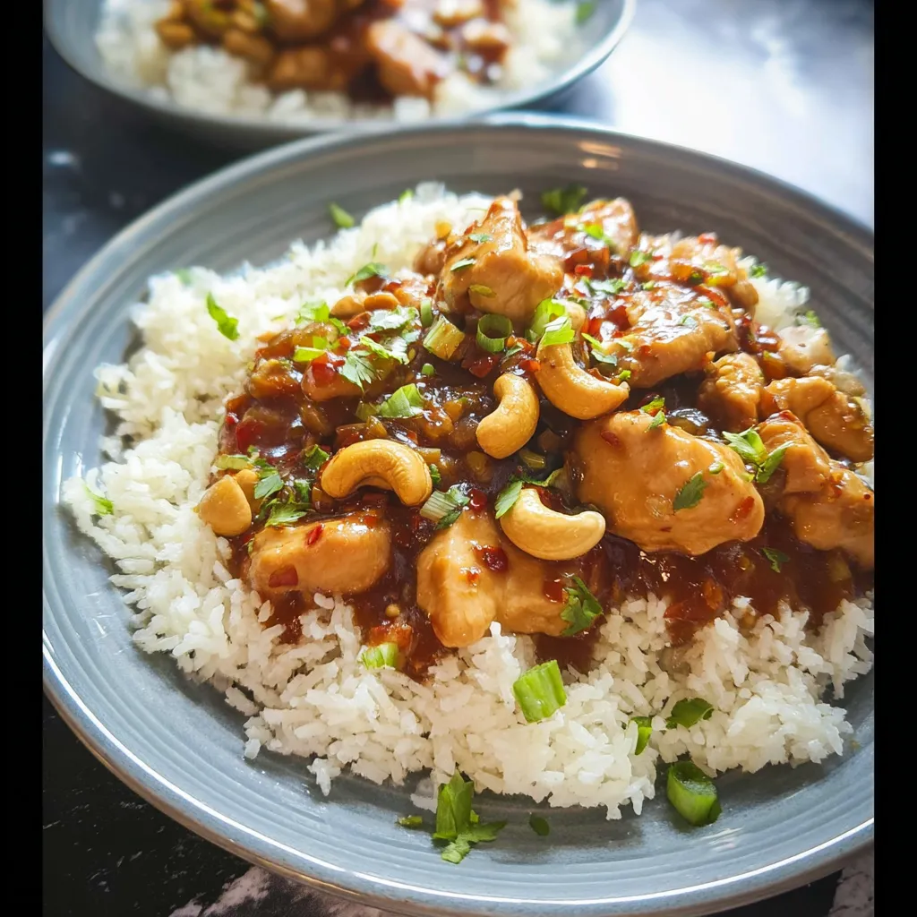 A plate of rice with chicken and cashews.