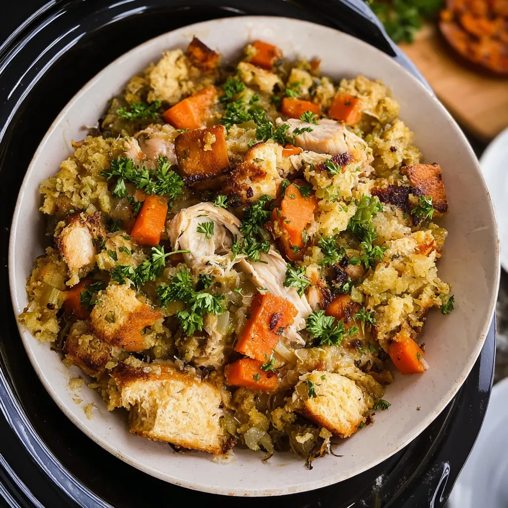 A dish of chicken and stuffing in a slow cooker.