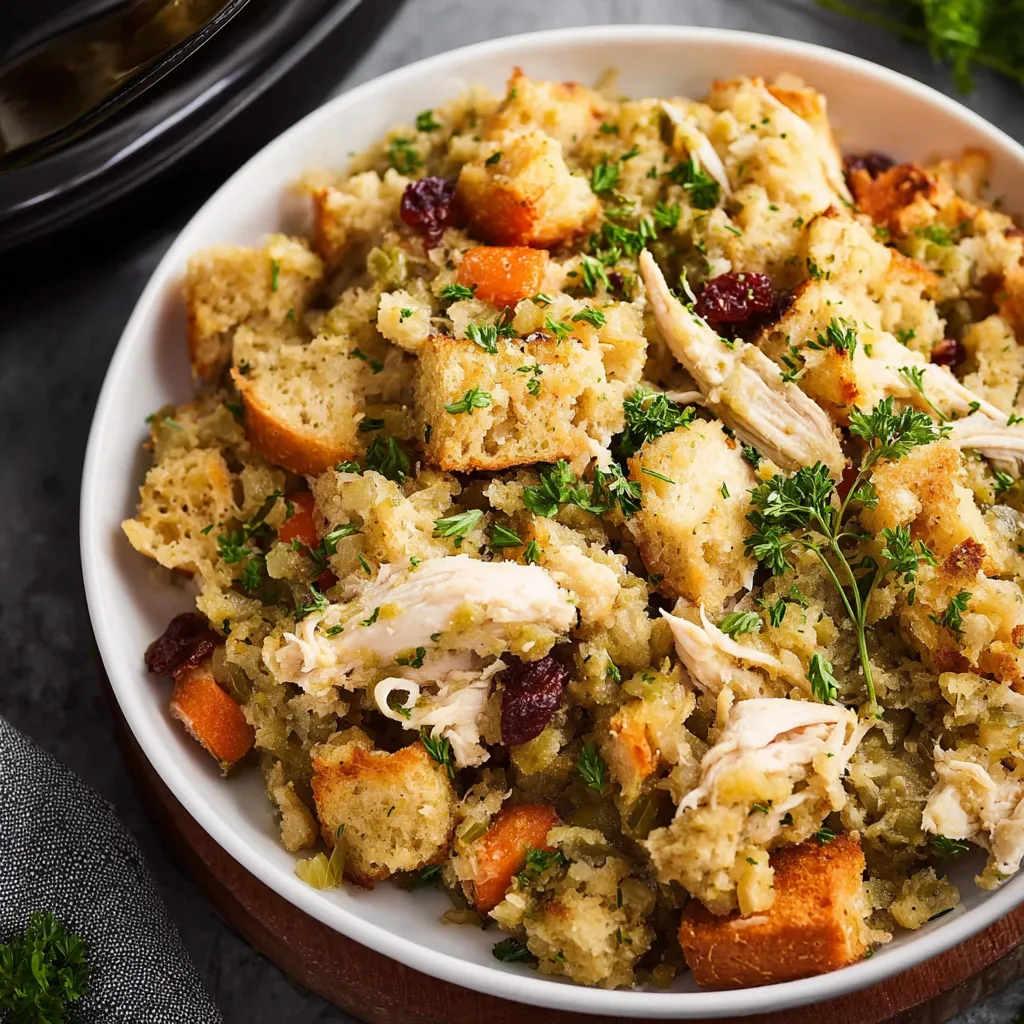 A bowl of chicken and stuffing.
