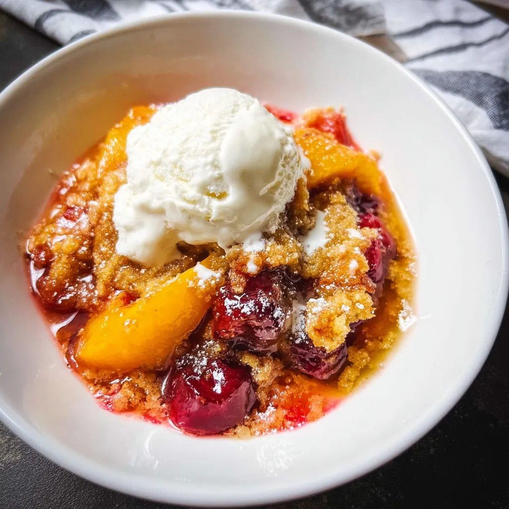 A bowl of peach and cherry cobbler with a scoop of ice cream on top.
