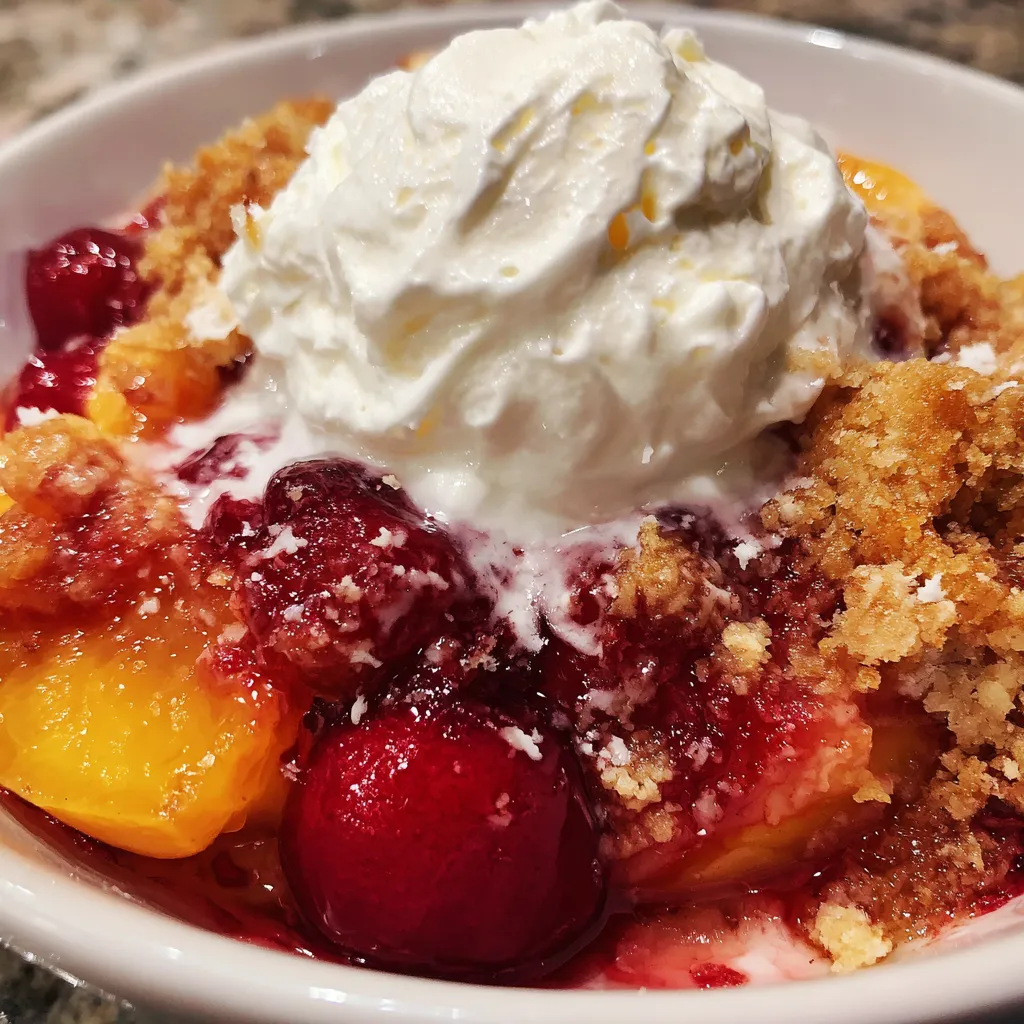 A bowl of peach and cherry cobbler with whipped cream on top.