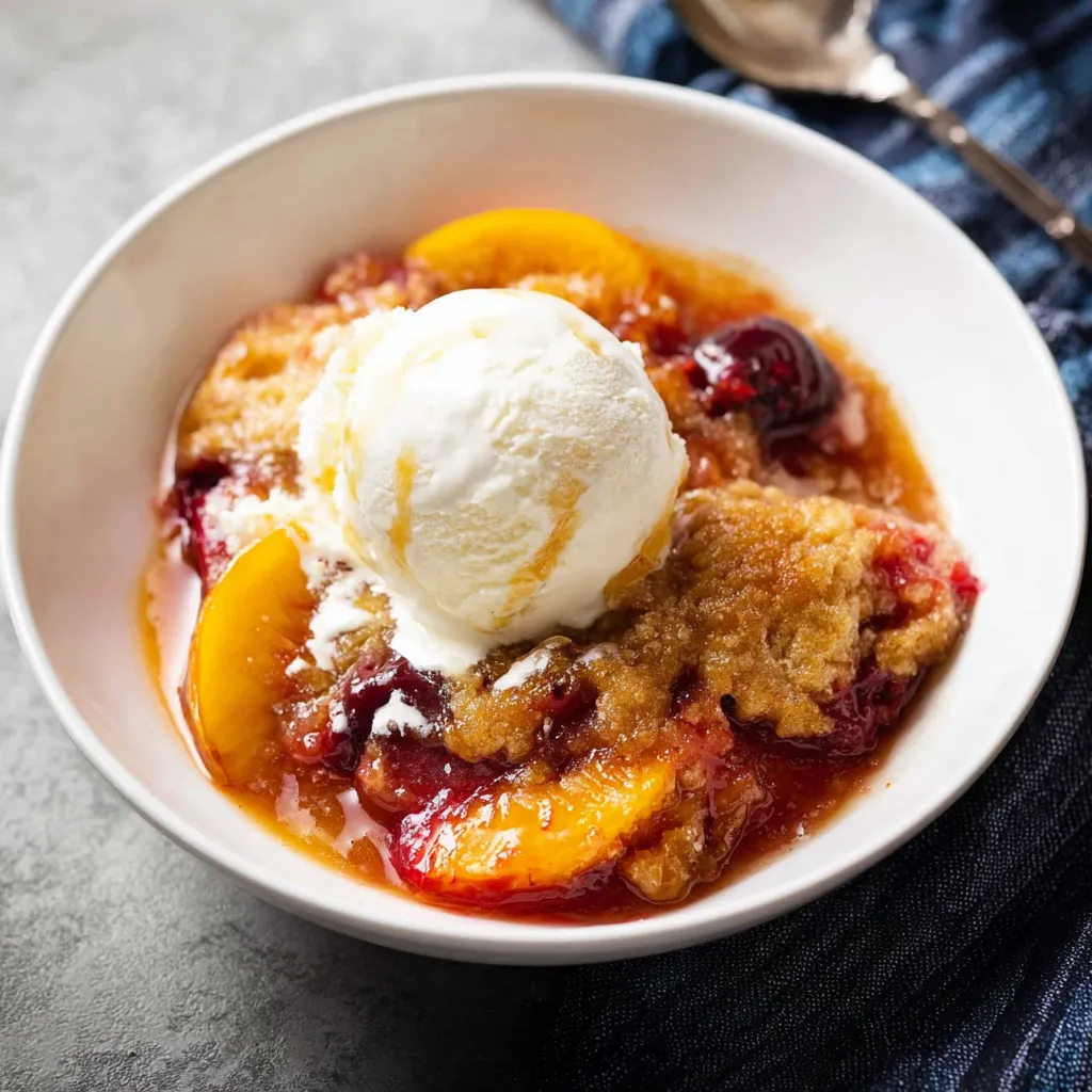A bowl of peach and cherry cobbler with a scoop of ice cream on top.