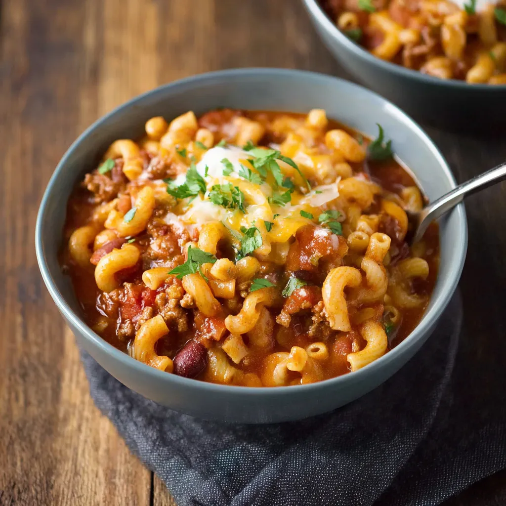 A bowl of chili mac with a spoon in it.