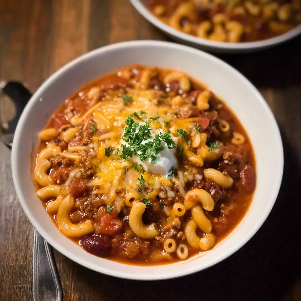 A bowl of chili mac with noodles and cheese.