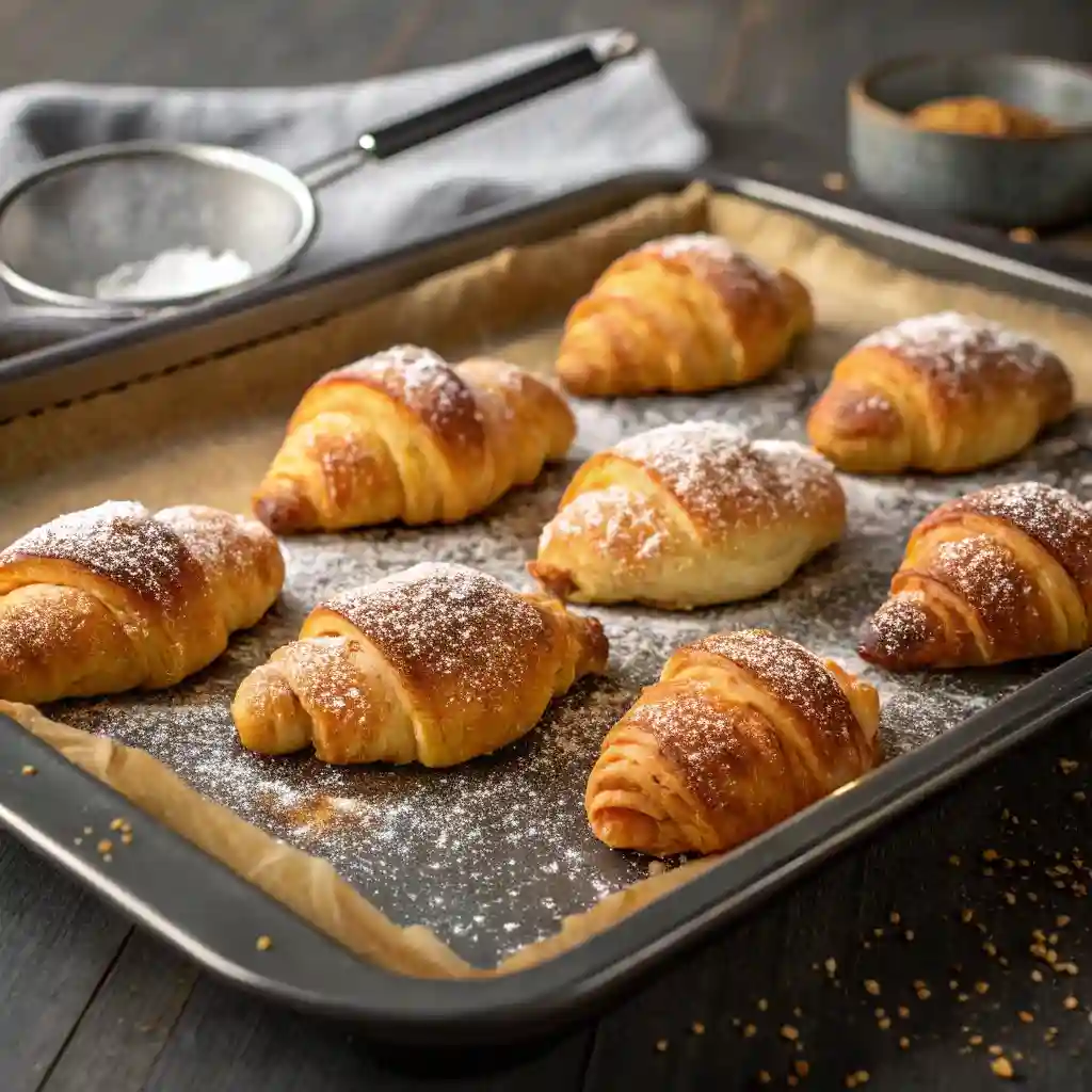 A tray of fried croissant beignets.