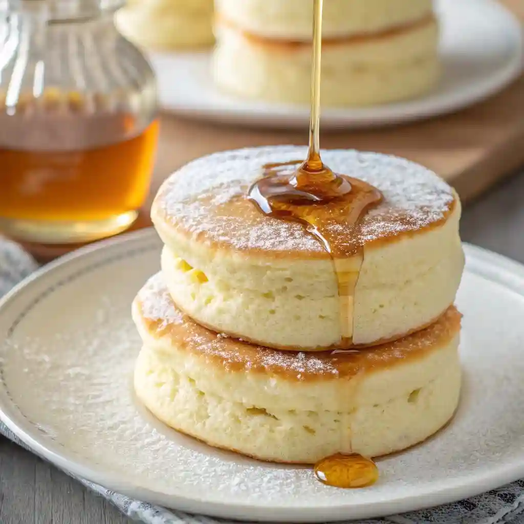 A stack of fluffy Japanese soufflé pancakes.
