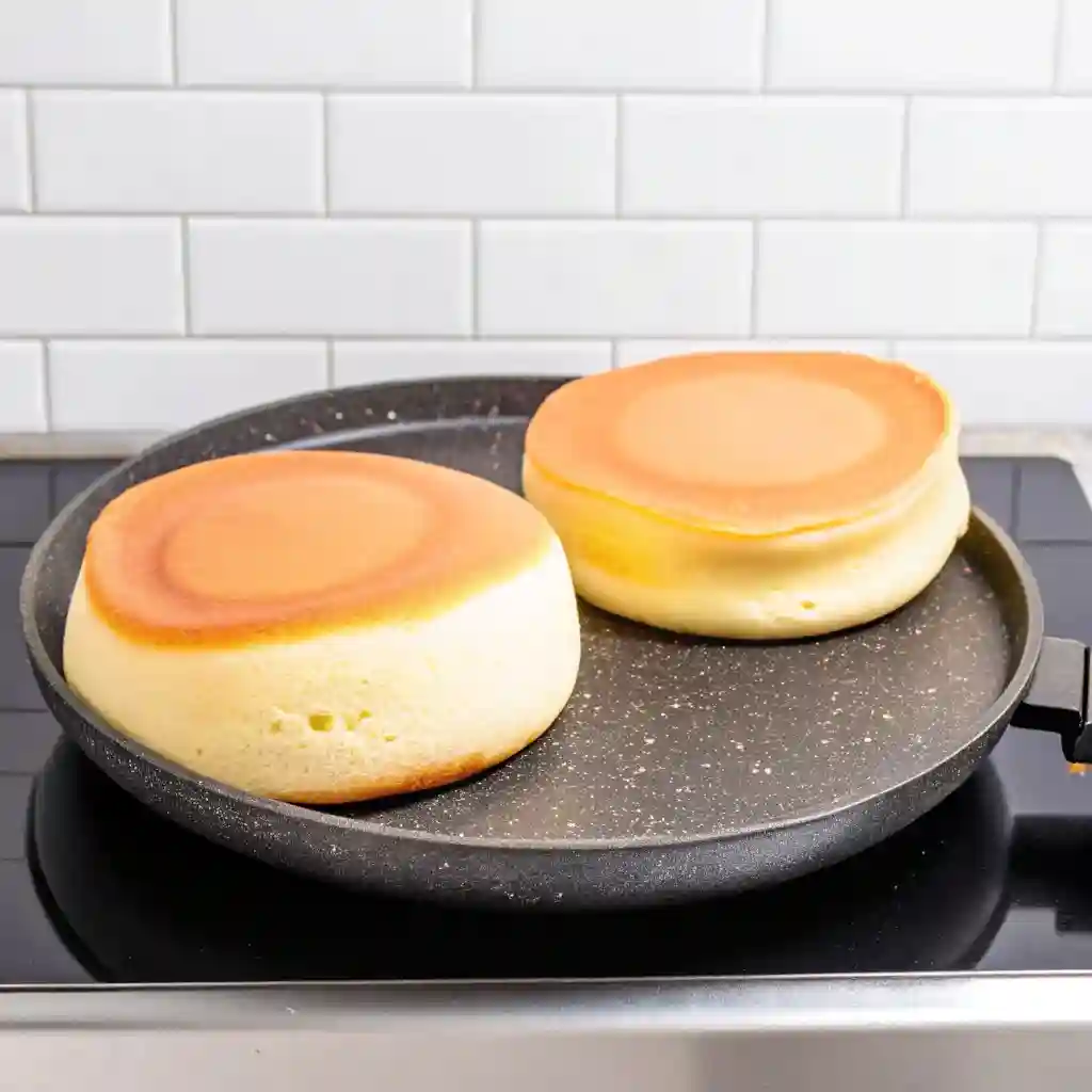 Two fluffy Japanese souffle pancakes on a black pan.