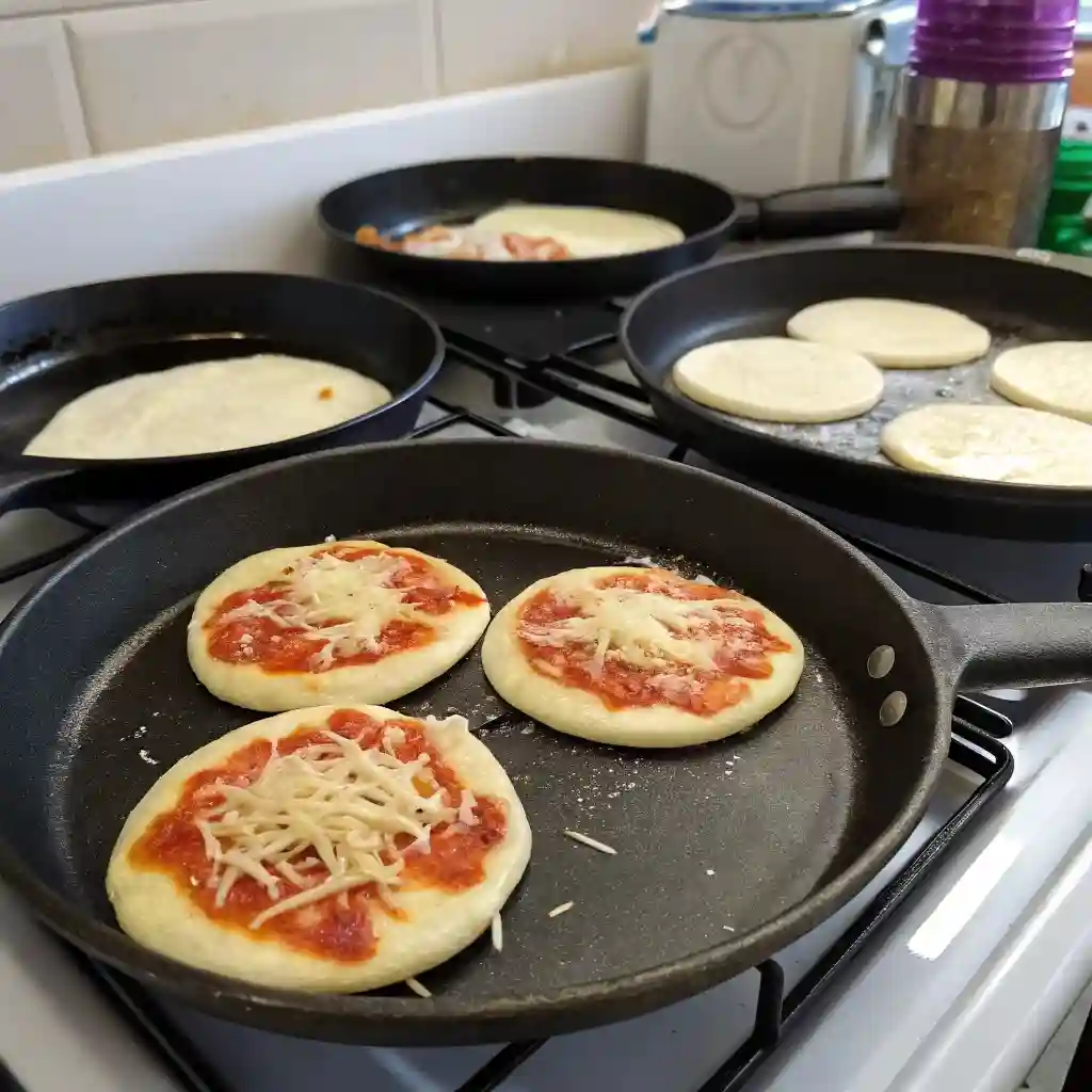 A pan of mini pizzas on a stove.