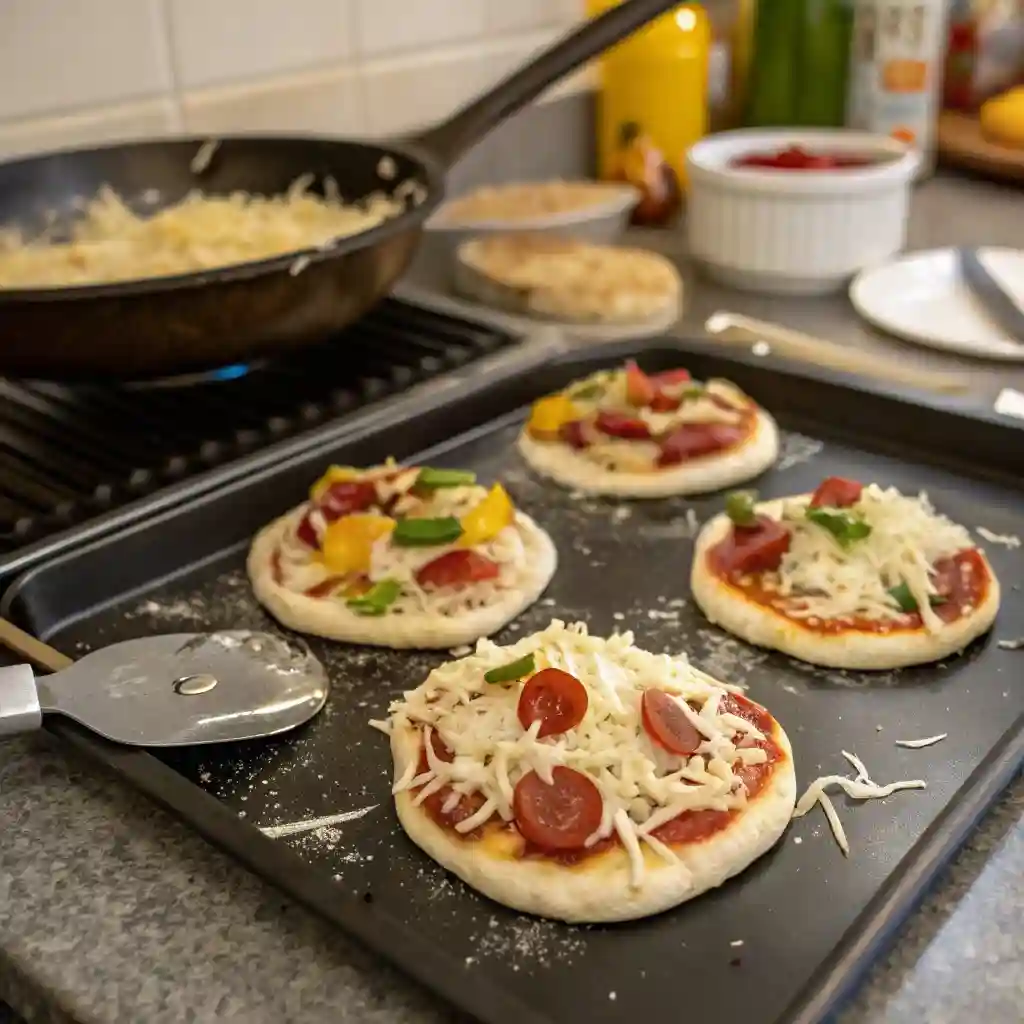 A pan of mini pizzas with cheese and pepperoni.
