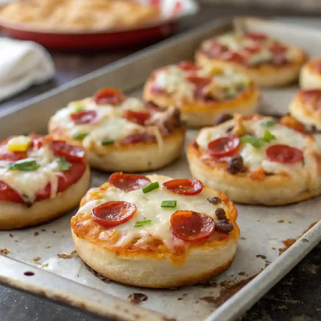 A tray of mini pizzas with pepperoni and cheese.