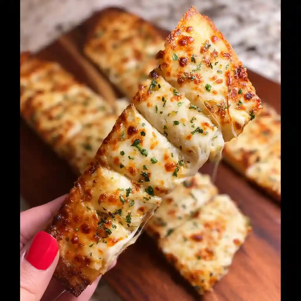 A person holding a piece of garlic bread.