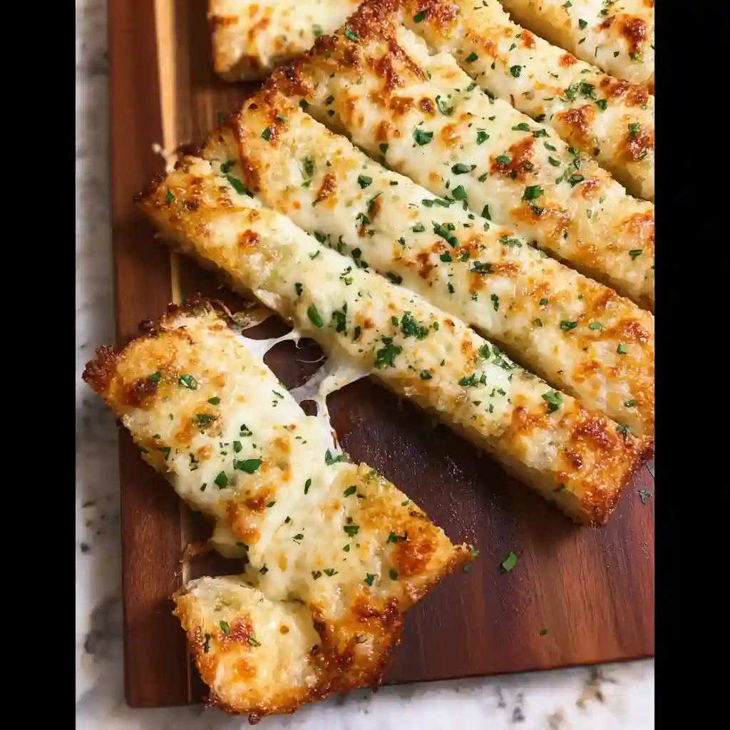 A wooden cutting board with slices of garlic bread.