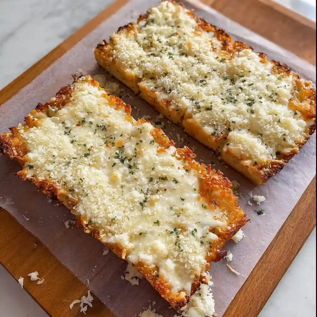 A slice of garlic bread with cheese on a cutting board.