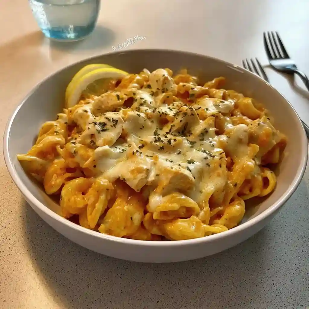 A bowl of cheesy chicken pasta.