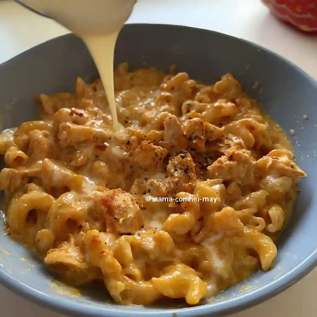A bowl of cheesy chicken pasta.
