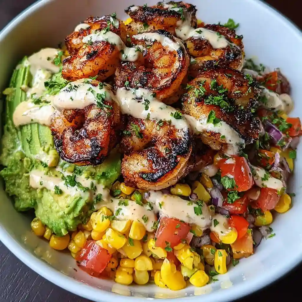 A bowl of food with shrimp, corn, avocado, and sauce.