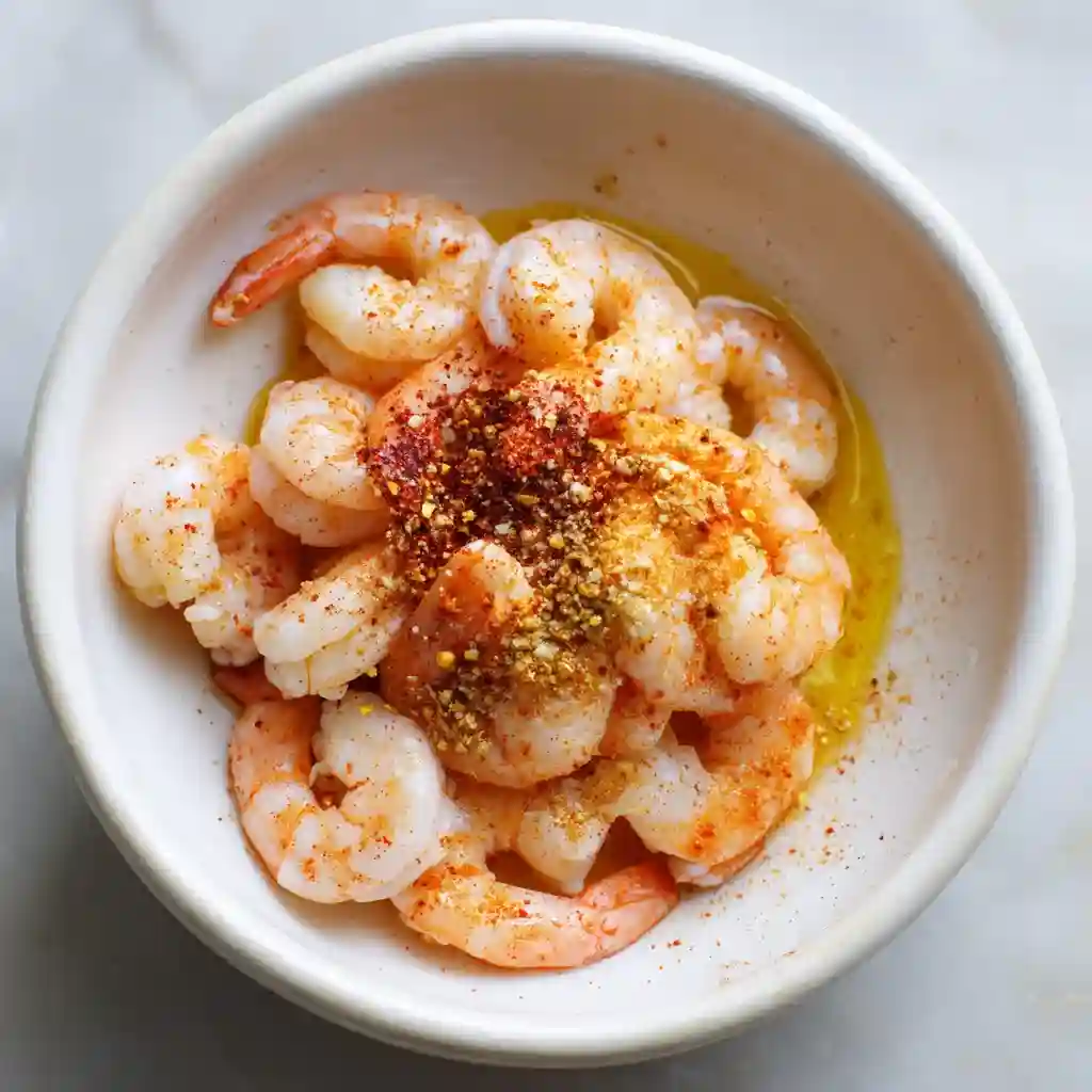 A bowl of shrimp with a creamy garlic sauce.