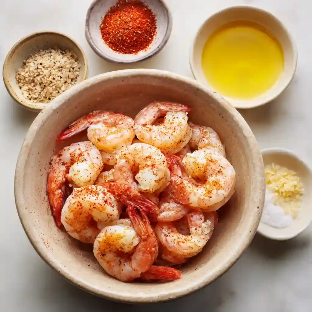A bowl of shrimp with a creamy garlic sauce.