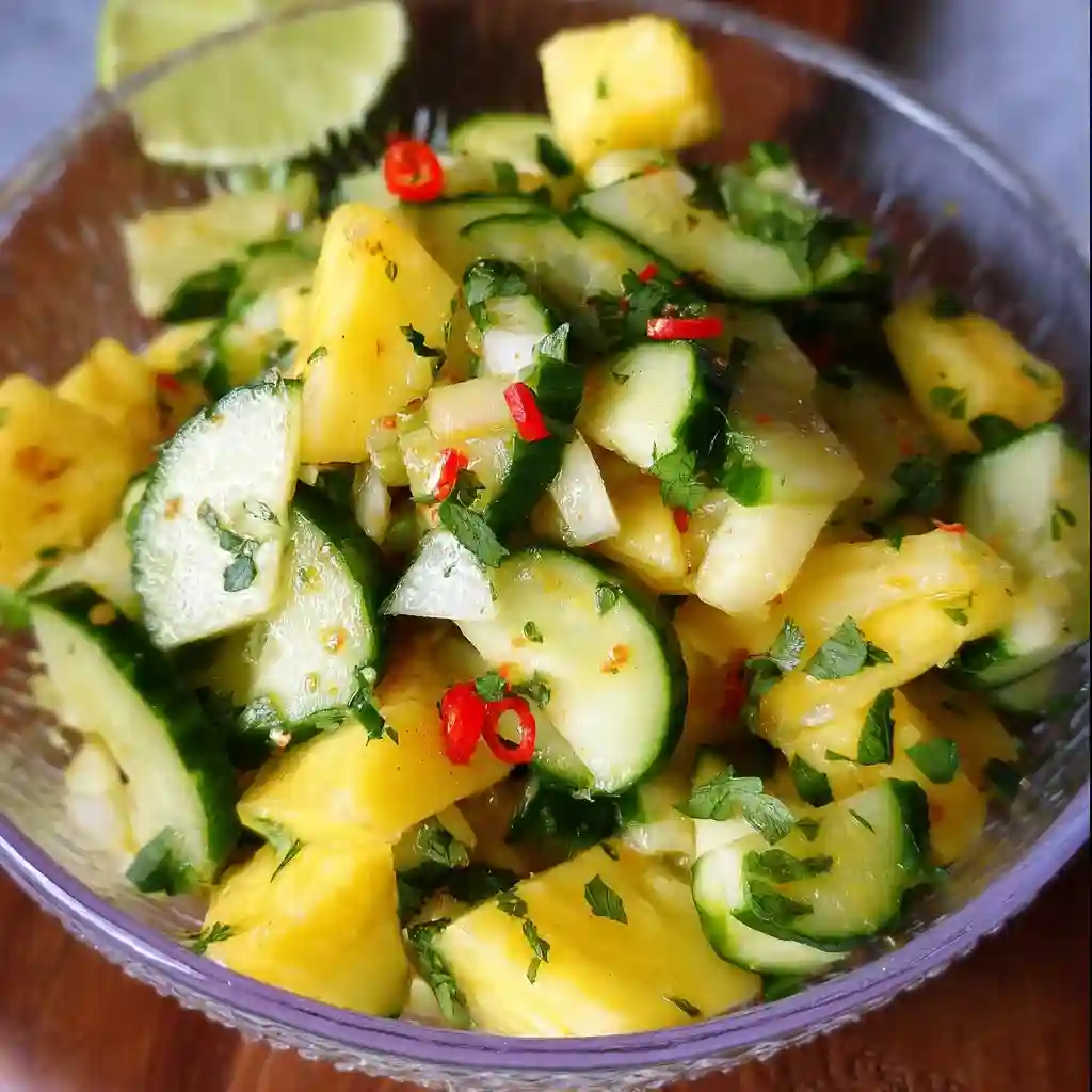 A bowl of pineapple cucumber salad.