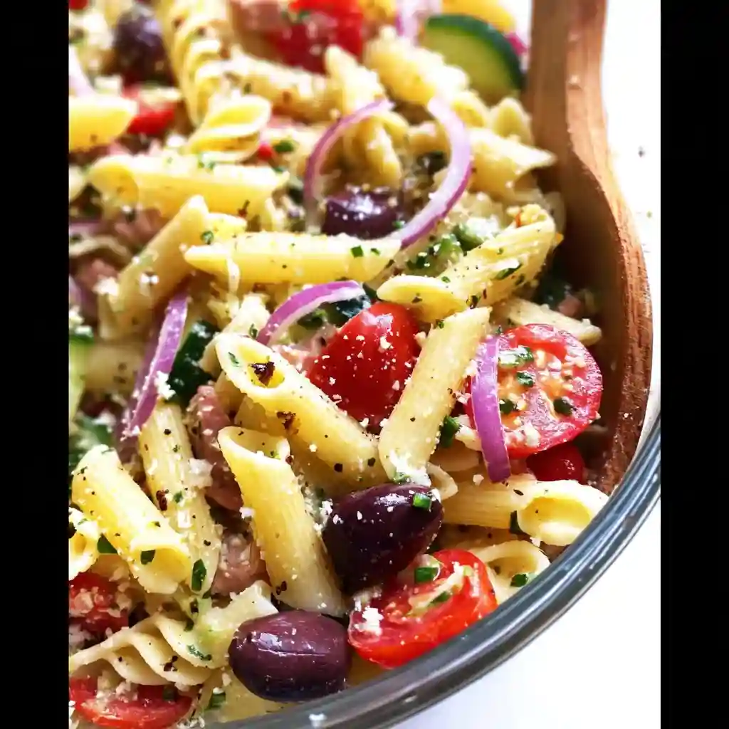 A bowl of pasta salad with tomatoes, olives, and onions.