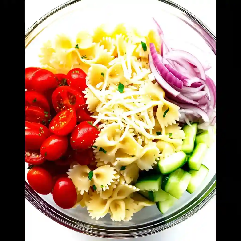 A bowl of pasta salad with tomatoes, onions, and cucumbers.