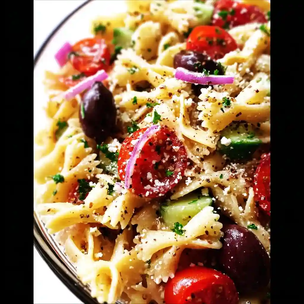 A plate of pasta salad with tomatoes, olives, and cheese.