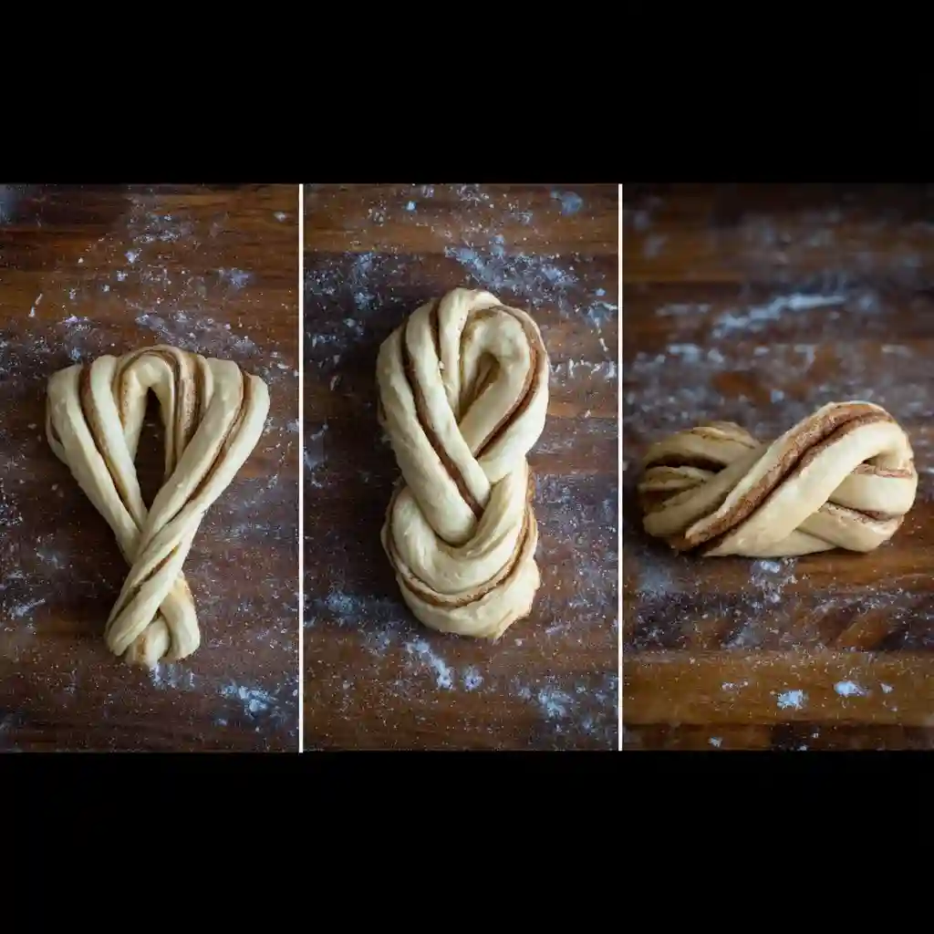Three images of cinnamon buns in different stages of preparation.