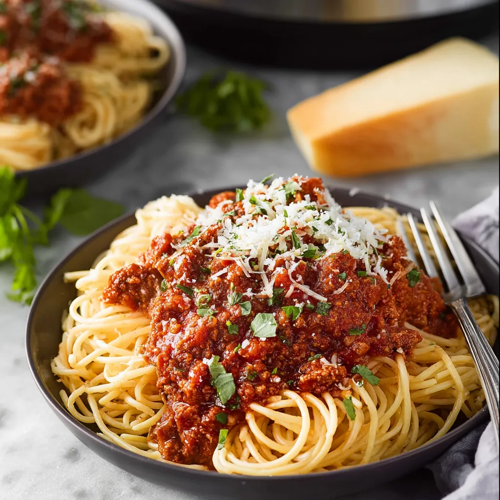 A bowl of spaghetti with meat sauce.