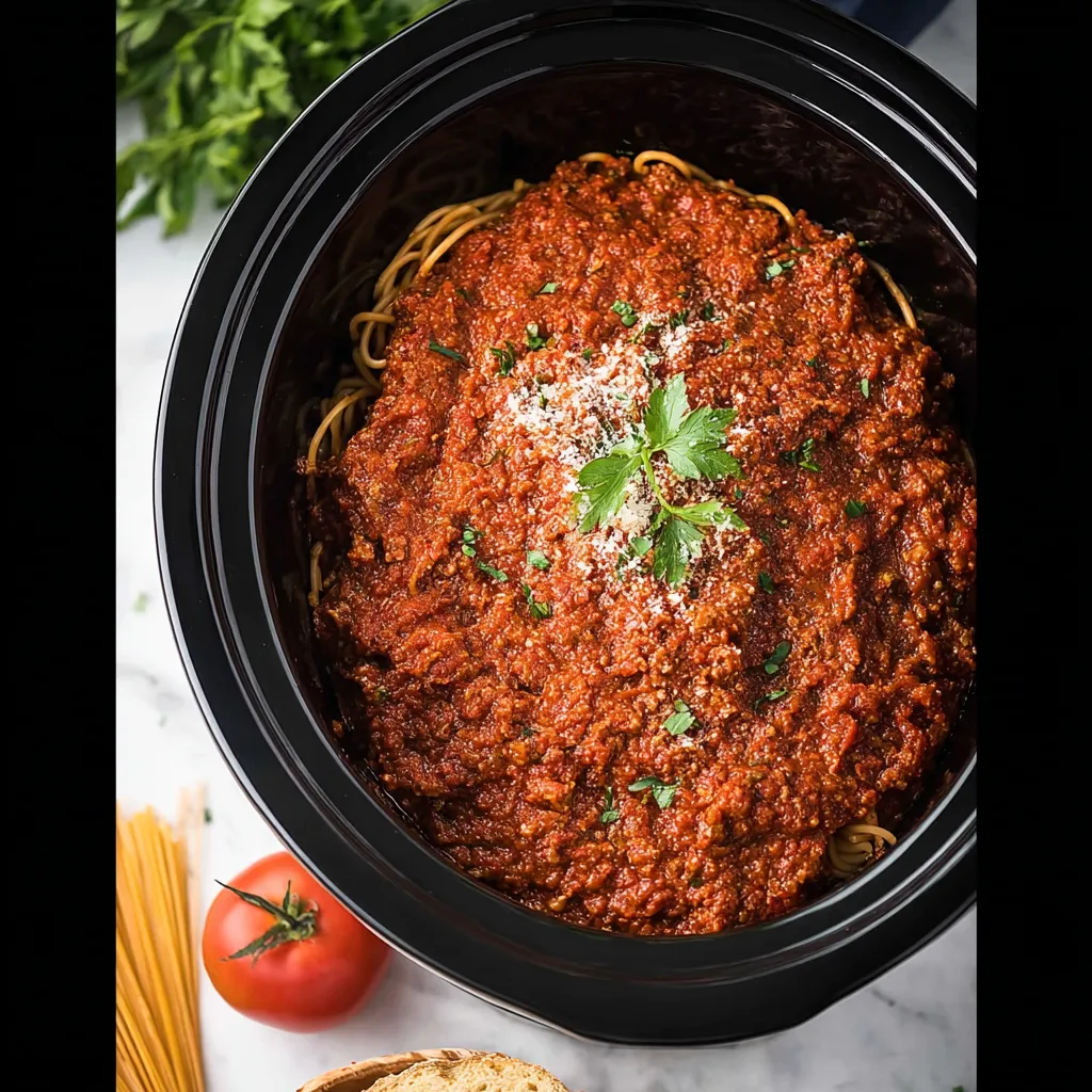 A pot of spaghetti sauce with tomatoes and herbs.