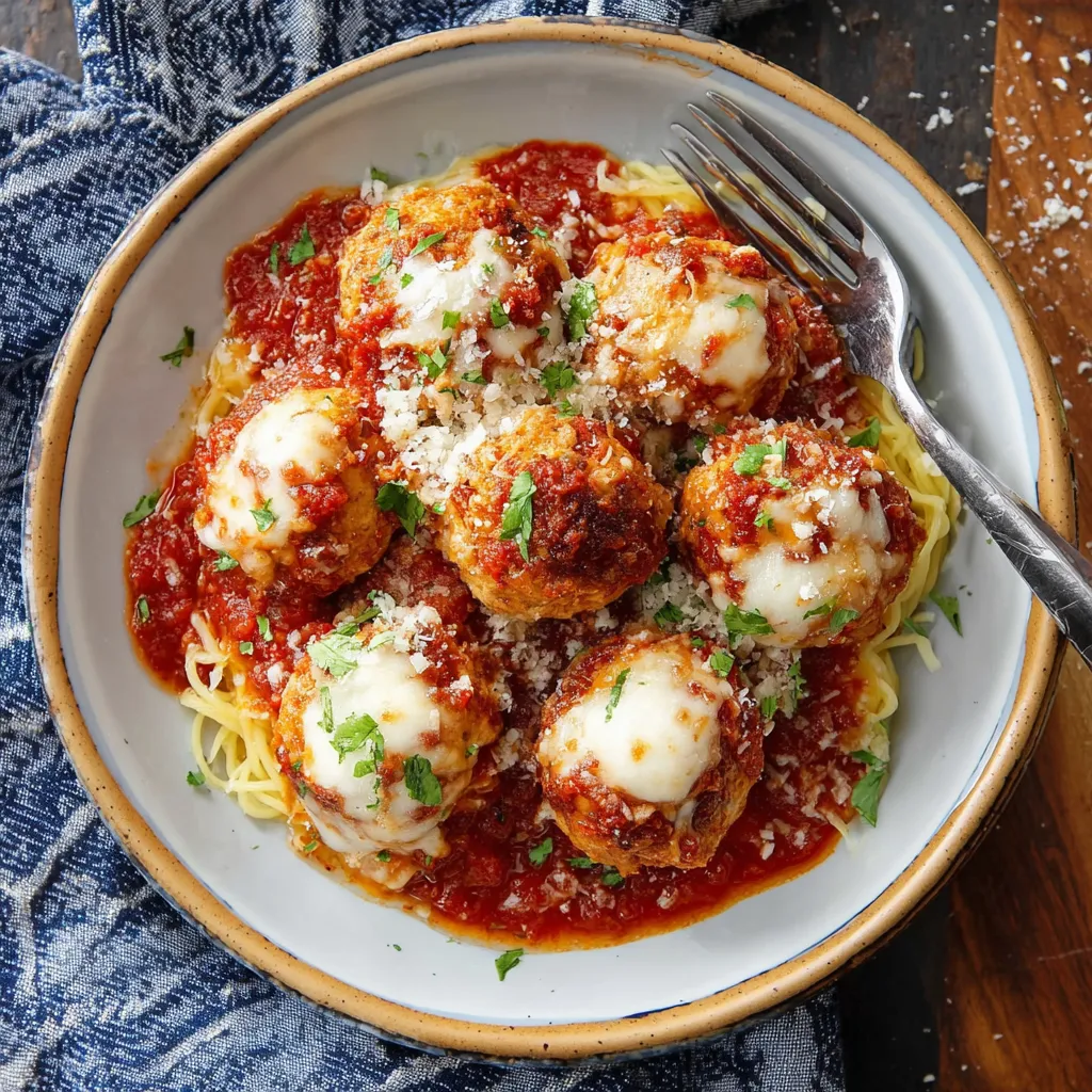 A plate of meatballs with tomato sauce and cheese.
