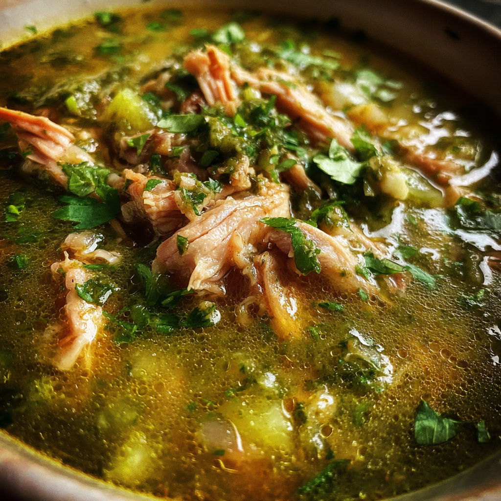A bowl of chicken chili verde.
