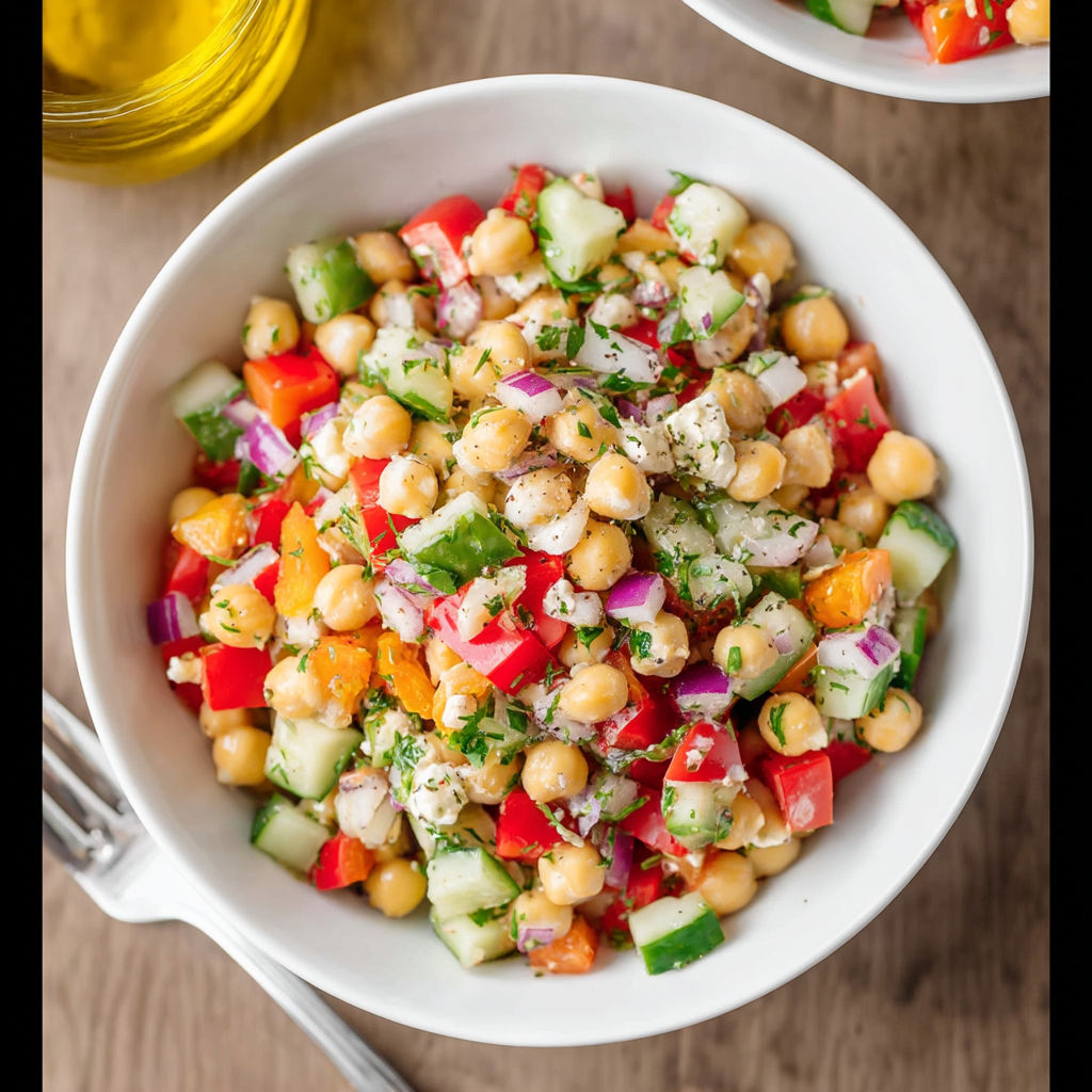 A bowl of chickpea salad with vegetables.