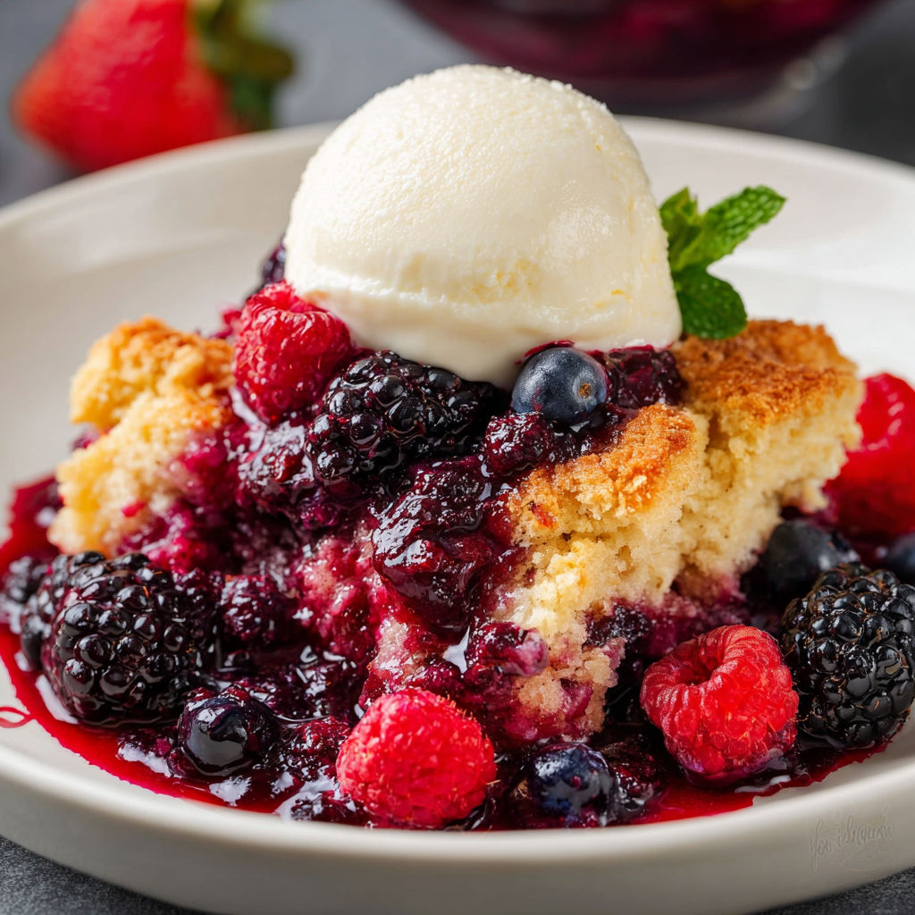 A bowl of berry cobbler with a scoop of ice cream on top.