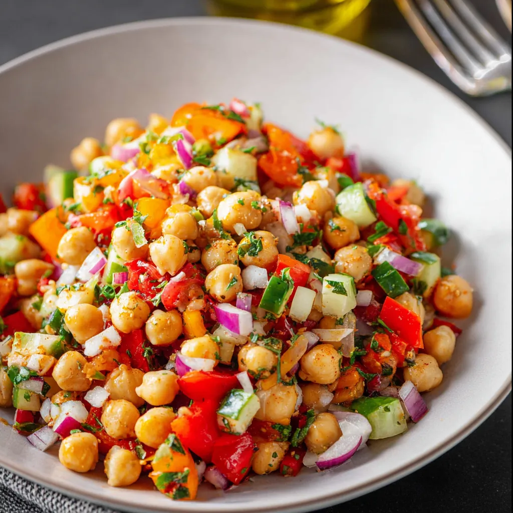 A bowl of chickpeas with vegetables.