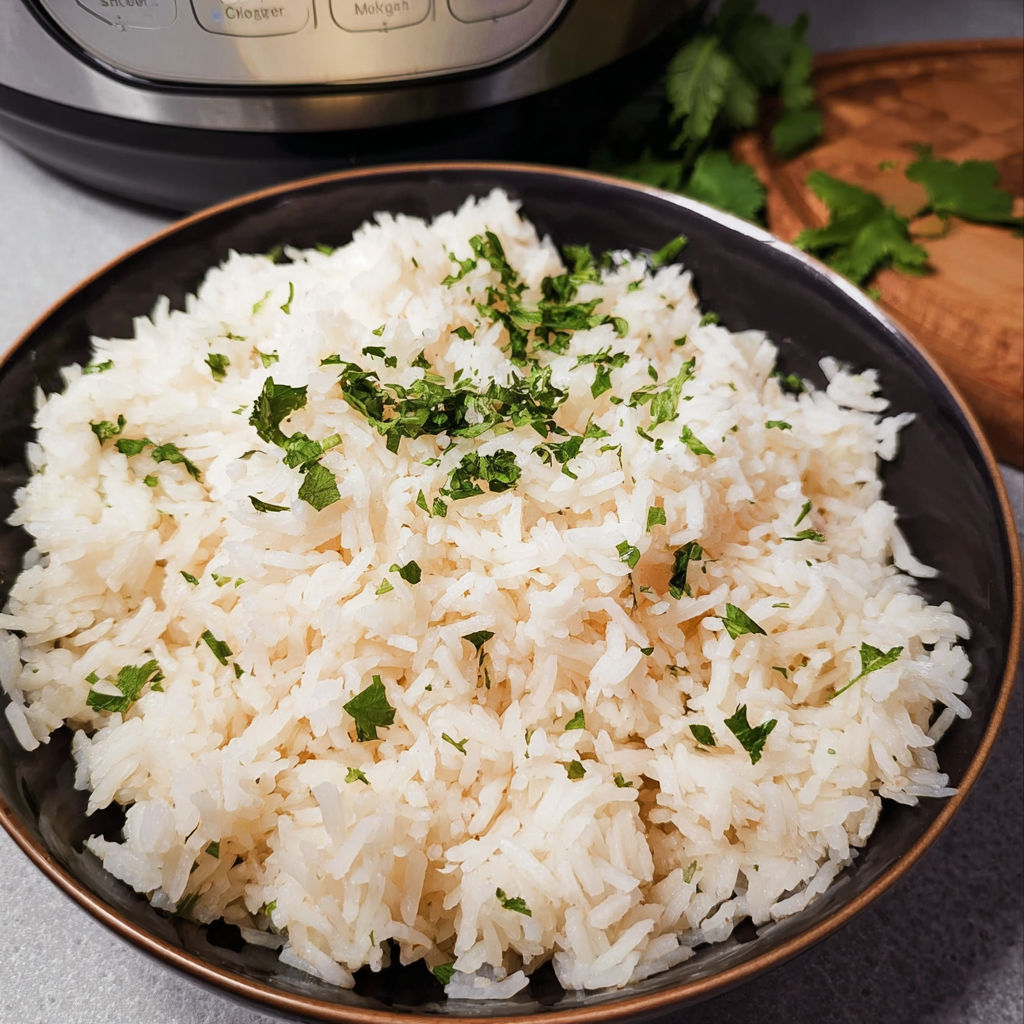 A bowl of rice with green herbs on top.