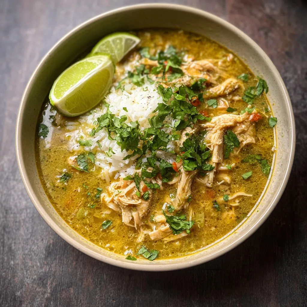 A bowl of soup with chicken and lime.