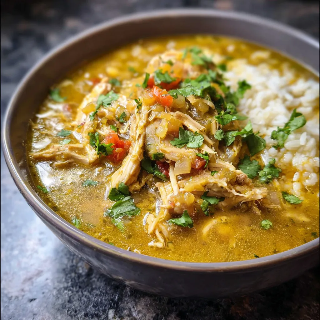 A bowl of chicken chili verde with rice.