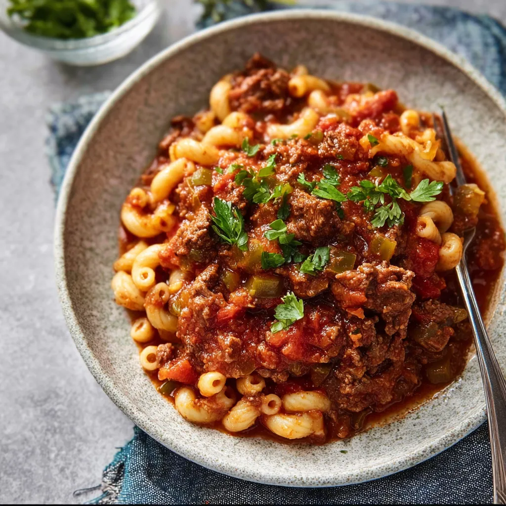 A bowl of slow cooker goulash with pasta and meat.